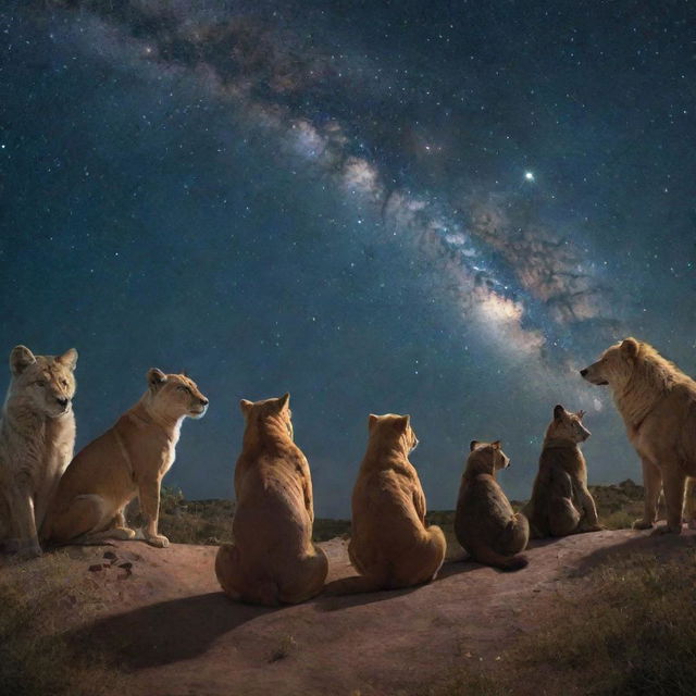 Riveting scene of various animals in their natural habitat, attentive and gazing towards a sparkling night sky filled with shimmering stars and celestial bodies.