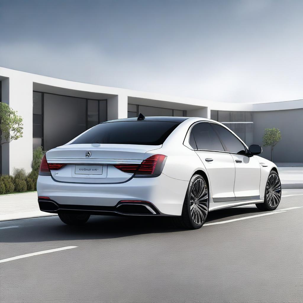 Design a hyper-realistic and elegant rear view of a unique luxury electrical sedan vehicle