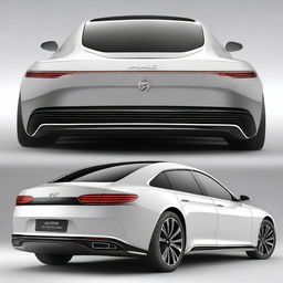 Design a hyper-realistic and elegant rear view of a unique luxury electrical sedan vehicle