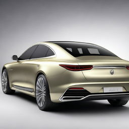 Design a hyper-realistic and elegant rear view of a unique luxury electrical sedan vehicle