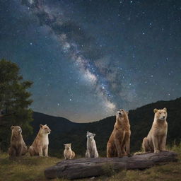 Riveting scene of various animals in their natural habitat, attentive and gazing towards a sparkling night sky filled with shimmering stars and celestial bodies.