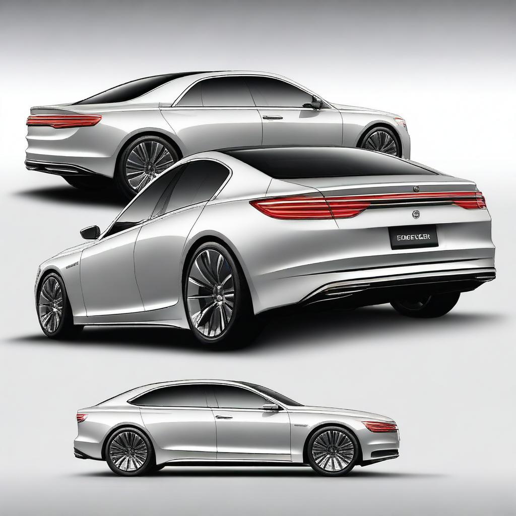 Design a hyper-realistic and elegant rear view of a unique luxury electrical sedan vehicle