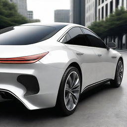 Design a hyper-realistic and elegant rear view of a unique luxury electrical sedan vehicle