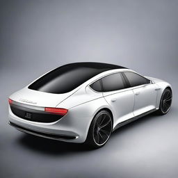 Design a hyper-realistic and elegant rear view of a unique luxury electrical sedan vehicle