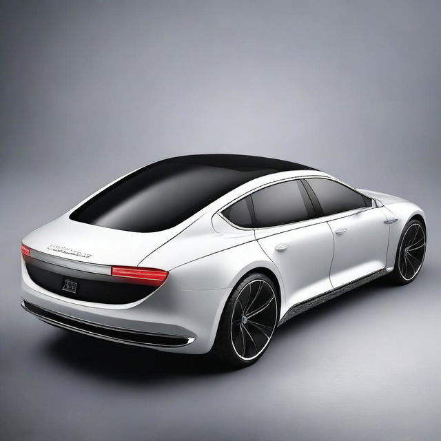 Design a hyper-realistic and elegant rear view of a unique luxury electrical sedan vehicle