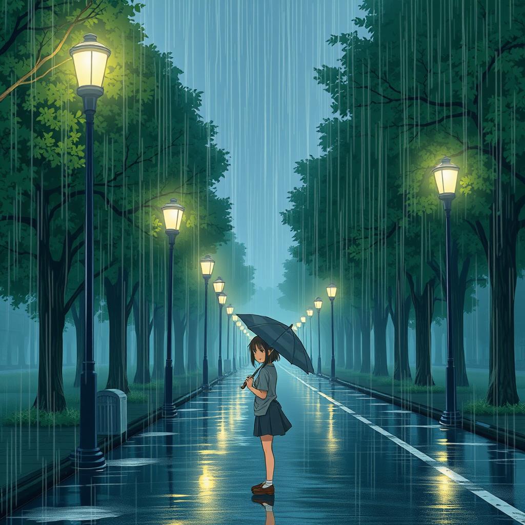 A manga-style girl standing on a street lined with trees, with rain pouring down