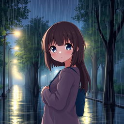 A manga-style girl standing on a street lined with trees, with rain pouring down