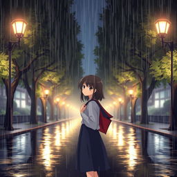 A manga-style girl standing on a street lined with trees, with rain pouring down