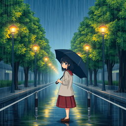 A manga-style girl standing on a street lined with trees, with rain pouring down