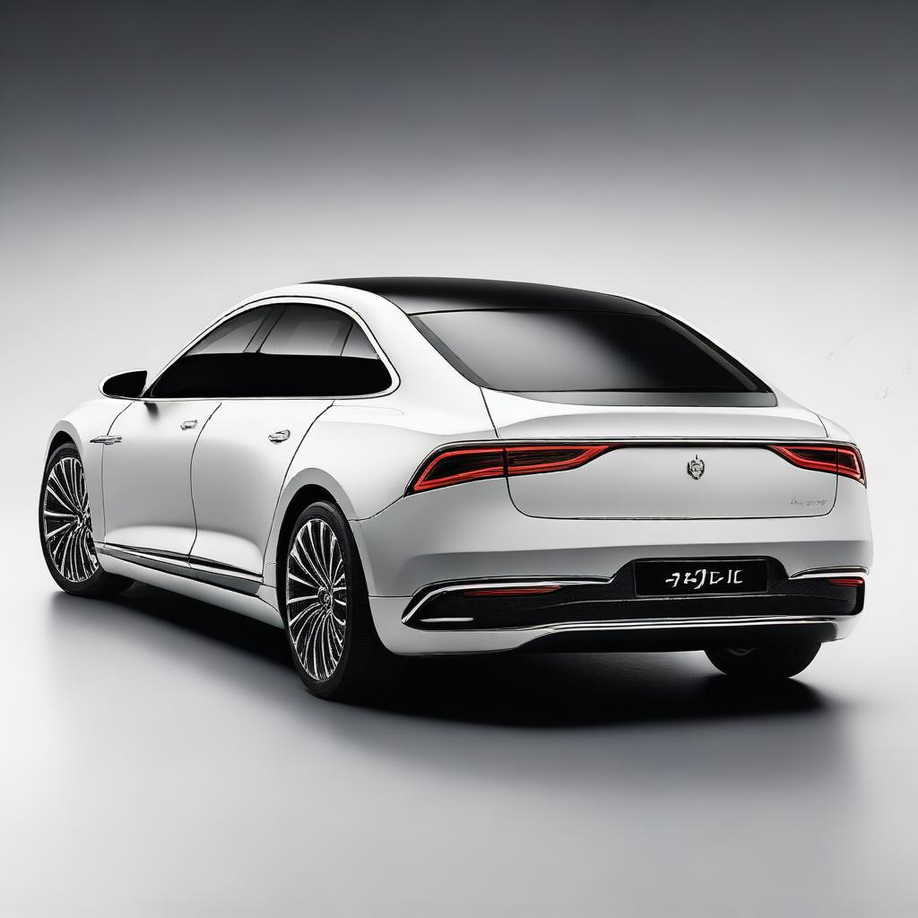 Create a hyper-realistic and elegant design for the rear view of a unique luxury electrical sedan vehicle