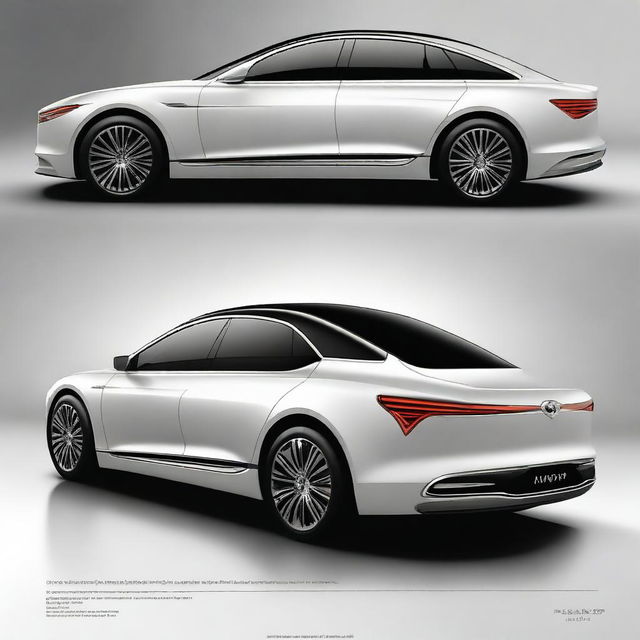 Design a unique rear view of a luxury electrical sedan vehicle with an elegant and sophisticated design