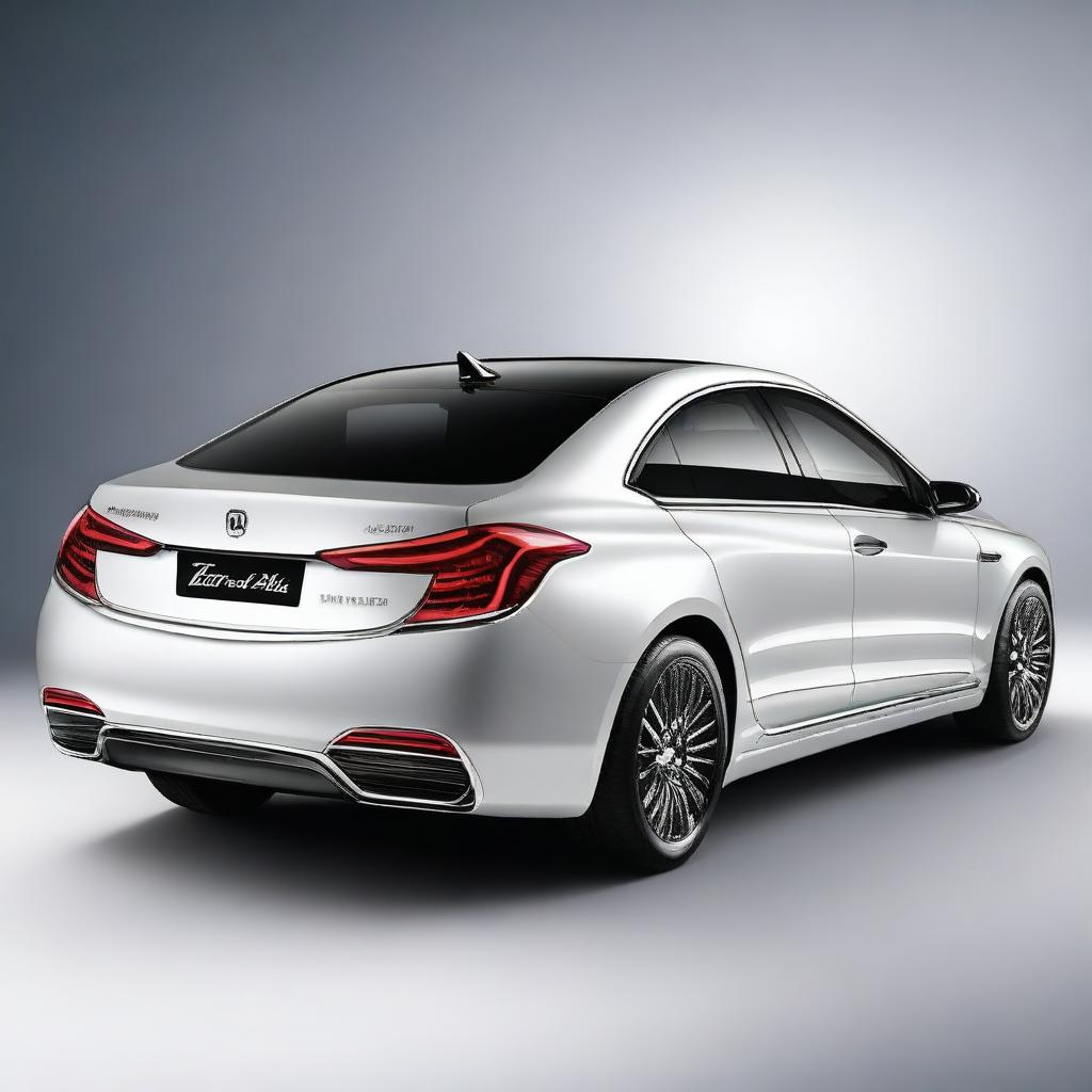 Design a unique rear view of a luxury electrical sedan vehicle with an elegant and sophisticated design