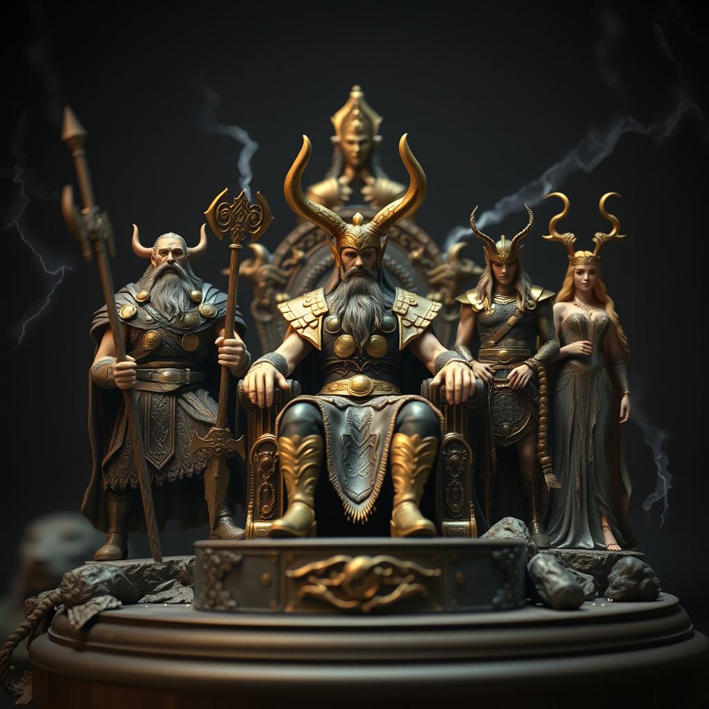 Create an ultra-realistic miniature scene featuring the Gods of Nordic mythology