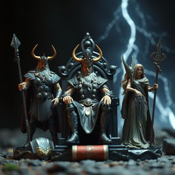 Create an ultra-realistic miniature scene featuring the Gods of Nordic mythology