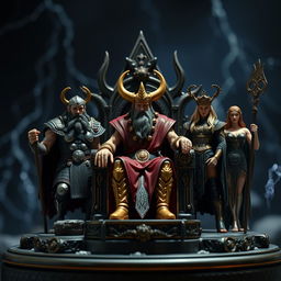 Create an ultra-realistic miniature scene featuring the Gods of Nordic mythology