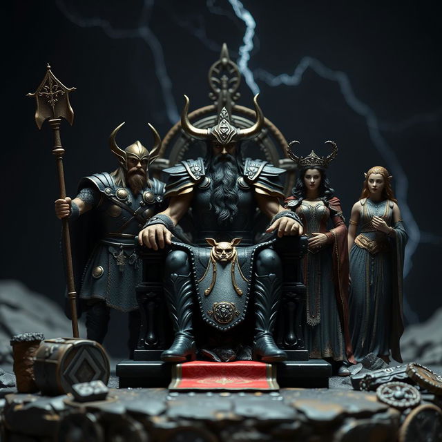 Create an ultra-realistic miniature scene featuring the Gods of Nordic mythology