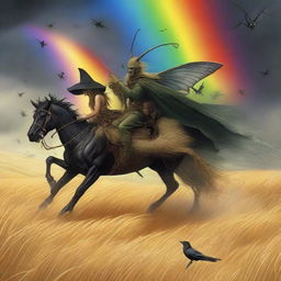 A surreal scene featuring grasshopper demons riding in the fields of barley into a storm