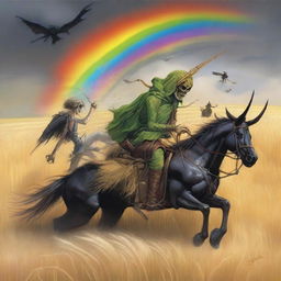 A surreal scene featuring grasshopper demons riding in the fields of barley into a storm