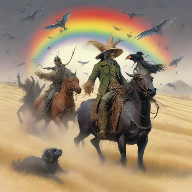 A surreal scene featuring grasshopper demons riding in the fields of barley into a storm