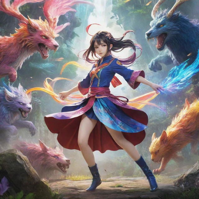 A colorful anime character striking a dynamic pose in a fantasy world filled with magical creatures