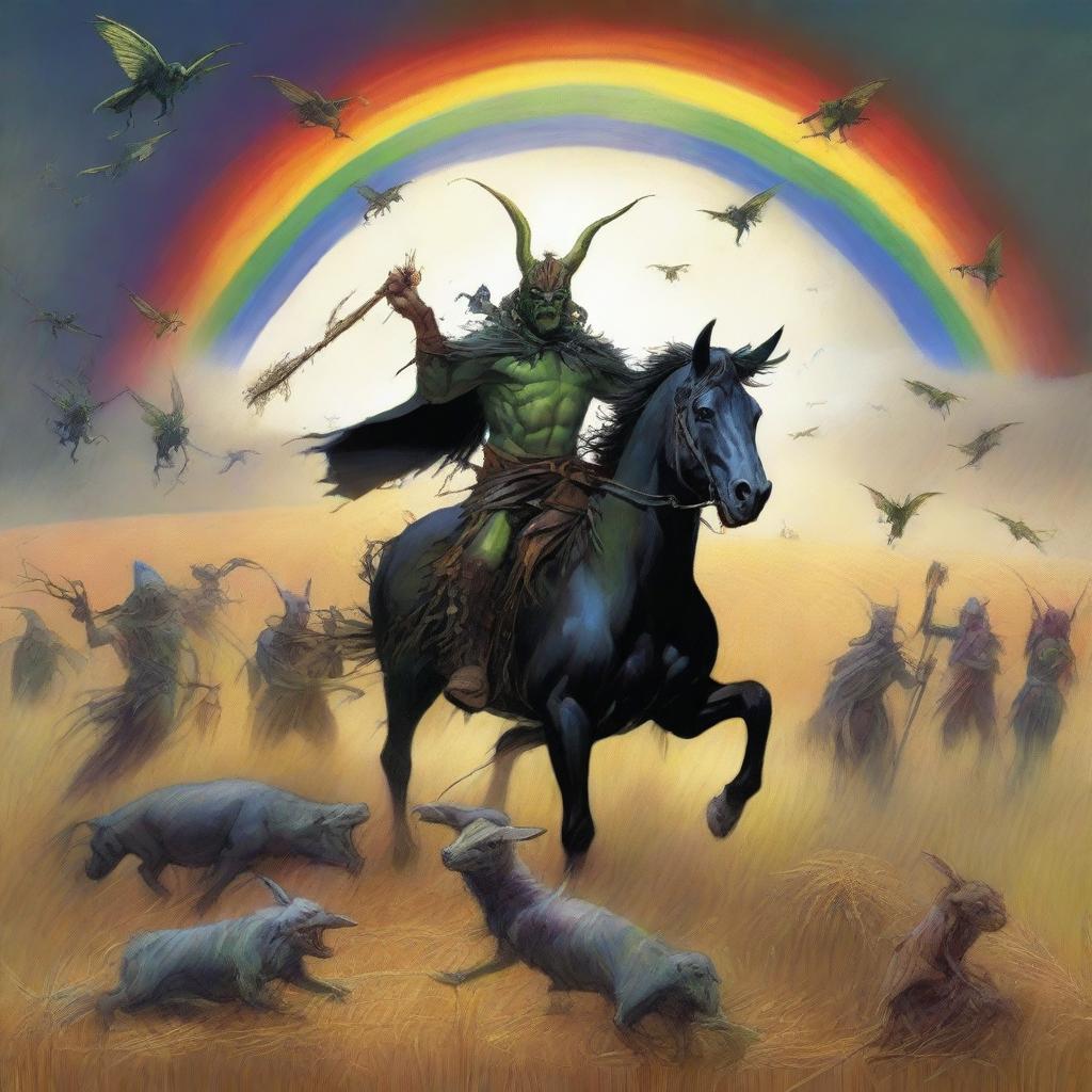 A fantastical scene featuring Grasshopper demons riding in the fields of barley, heading into a storm with a rainbow in the background