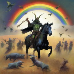 A fantastical scene featuring Grasshopper demons riding in the fields of barley, heading into a storm with a rainbow in the background