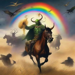 A fantastical scene featuring Grasshopper demons riding in the fields of barley, heading into a storm with a rainbow in the background