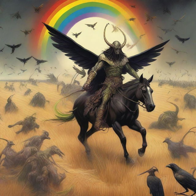 A fantastical scene featuring Grasshopper demons riding in the fields of barley, heading into a storm with a rainbow in the background