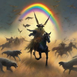 A fantastical scene featuring Grasshopper demons riding in the fields of barley, heading into a storm with a rainbow in the background