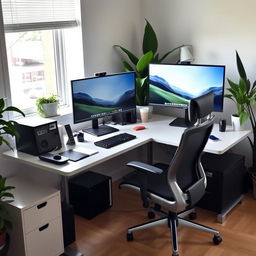 A modern workstation setup featuring a sleek desk, dual monitors, a comfortable ergonomic chair, and various office supplies