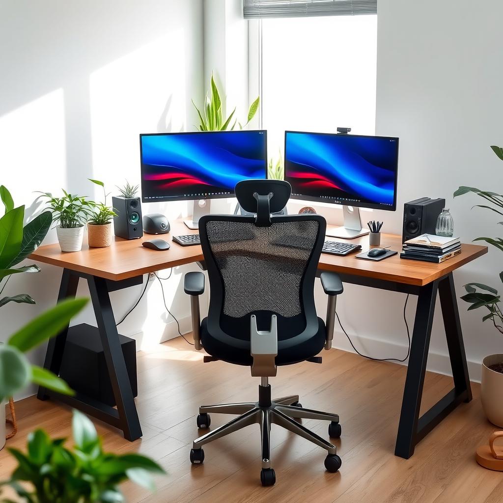 A modern workstation setup featuring a sleek desk, dual monitors, a comfortable ergonomic chair, and various office supplies