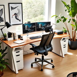 A modern workstation setup featuring a sleek desk, dual monitors, a comfortable ergonomic chair, and various office supplies