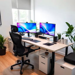 A modern workstation setup featuring a sleek desk, dual monitors, a comfortable ergonomic chair, and various office supplies