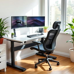 A modern ergonomic workstation setup featuring a height-adjustable desk, dual monitors on adjustable arms, an ergonomic chair with lumbar support, and a keyboard with wrist rest