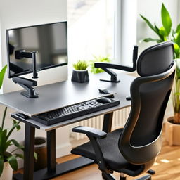 A modern ergonomic workstation setup featuring a height-adjustable desk, dual monitors on adjustable arms, an ergonomic chair with lumbar support, and a keyboard with wrist rest