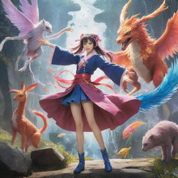 A colorful anime character striking a dynamic pose in a fantasy world filled with magical creatures