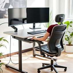 A modern ergonomic workstation setup featuring a height-adjustable desk, dual monitors on adjustable arms, an ergonomic chair with lumbar support, and a keyboard with wrist rest