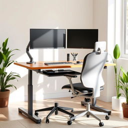 A modern ergonomic workstation setup featuring a height-adjustable desk, dual monitors on adjustable arms, an ergonomic chair with lumbar support, and a keyboard with wrist rest