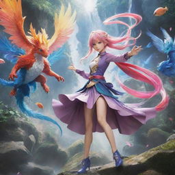 A colorful anime character striking a dynamic pose in a fantasy world filled with magical creatures