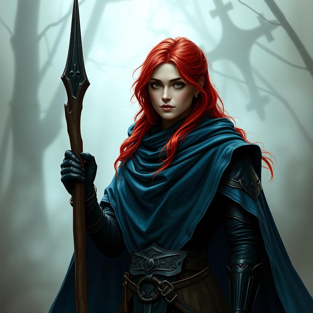 A female warlock with red hair, dressed in black leather armor and a blue cloak, holding a simple wooden staff