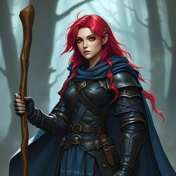 A female warlock with red hair, dressed in black leather armor and a blue cloak, holding a simple wooden staff