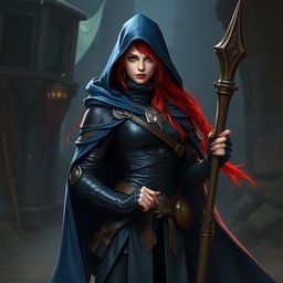 A female warlock with red hair, dressed in black leather armor and a blue cloak, holding a simple wooden staff