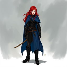 A female warlock with red hair, dressed in black leather armor and a blue cloak, holding a simple wooden staff