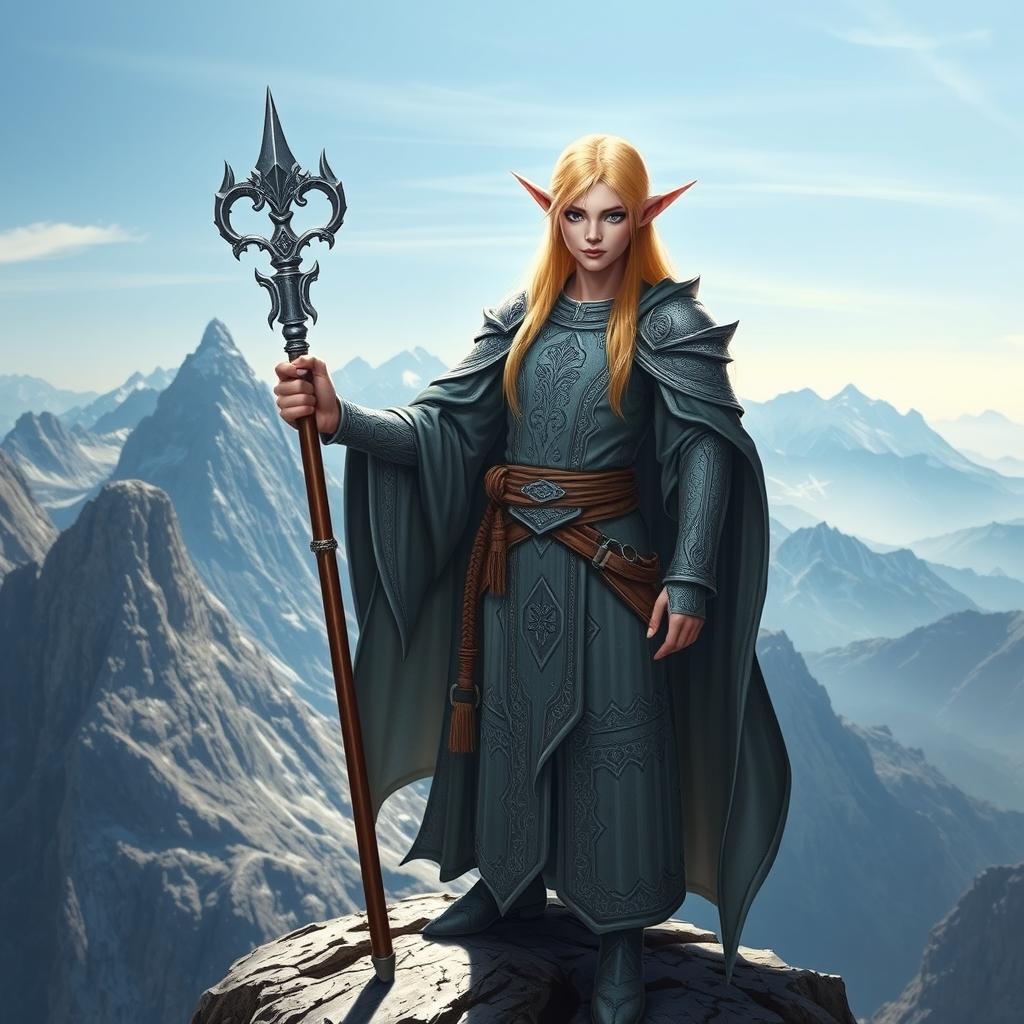 A blonde, blue-eyed mountain elf cleric standing majestically on a rocky mountain peak, holding a glowing staff