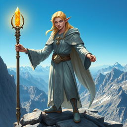 A blonde, blue-eyed mountain elf cleric standing majestically on a rocky mountain peak, holding a glowing staff