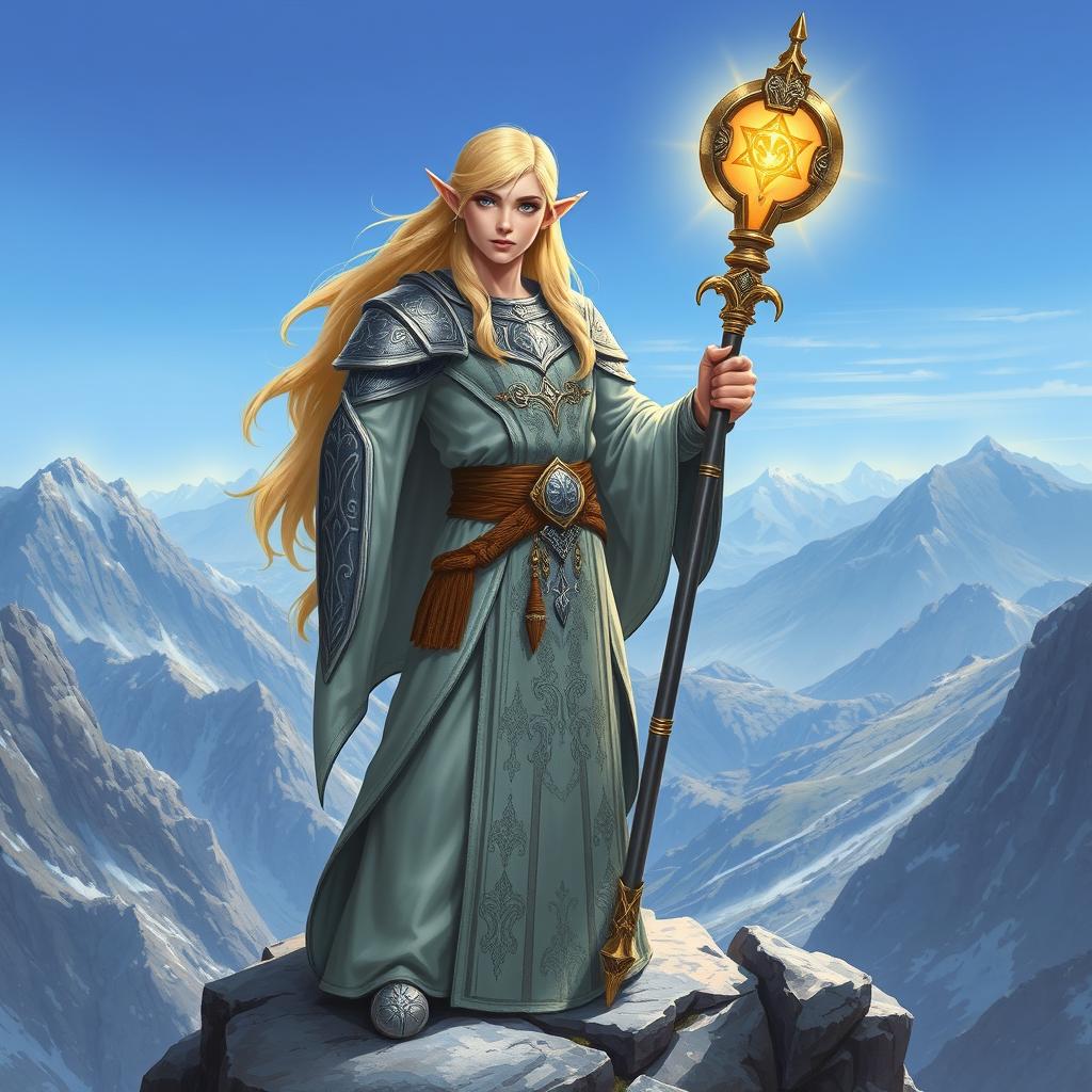 A blonde, blue-eyed mountain elf cleric standing majestically on a rocky mountain peak, holding a glowing staff