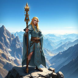 A blonde, blue-eyed mountain elf cleric standing majestically on a rocky mountain peak, holding a glowing staff