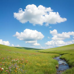 A serene landscape featuring a beautiful meadow with colorful flowers, a gentle stream flowing through, and a clear blue sky with fluffy white clouds