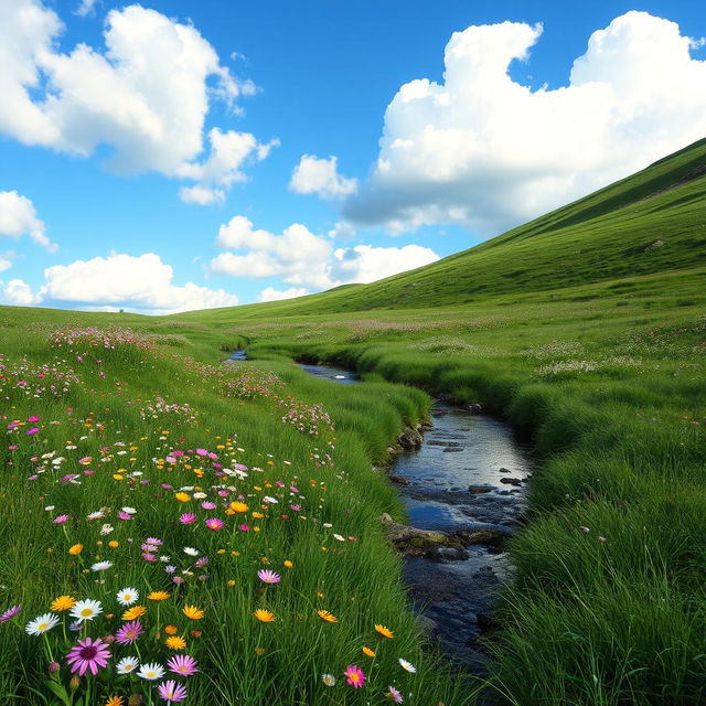 A serene landscape featuring a beautiful meadow with colorful flowers, a gentle stream flowing through, and a clear blue sky with fluffy white clouds