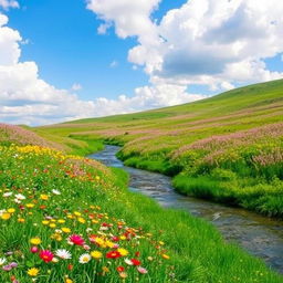 A serene landscape featuring a beautiful meadow with colorful flowers, a gentle stream flowing through, and a clear blue sky with fluffy white clouds